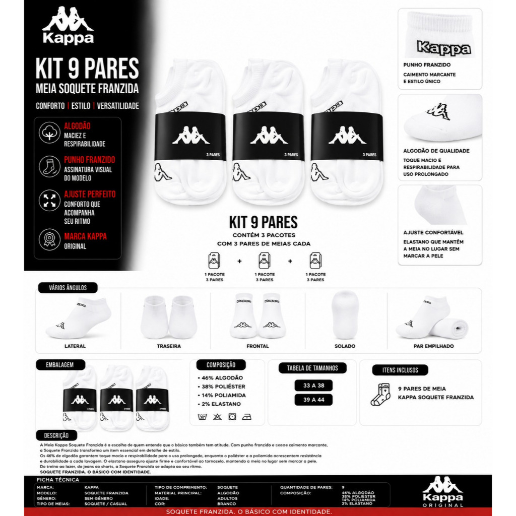 Meia Kappa Kit 9 Pares Sapatilha Soquete Invisível Original — imagem 2 de 2