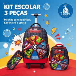 Kit Escolar Vingadores Mochila de Rodinha Lancheira Estojo Menino Infantil Marvel