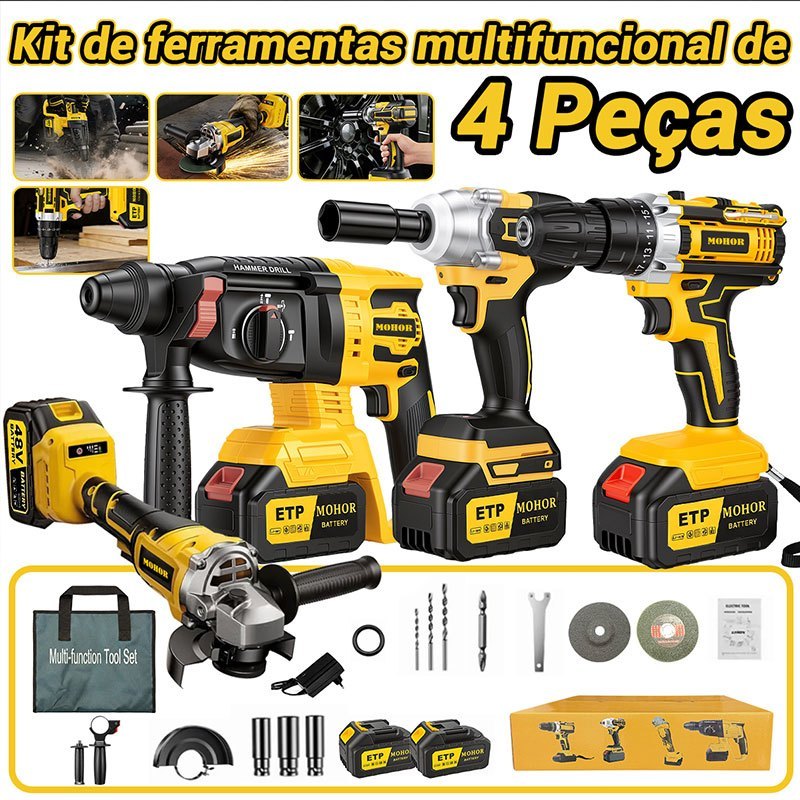 Kit 4 em 1 Ferramentas Sem Fio 48V Furadeira Martelete Chave Impacto Esmerilhadeiracom 2 Baterias Maleta Plást