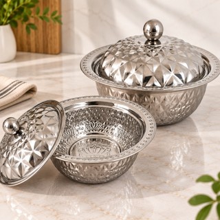 Bowl Luxo de Inox com Tampa Decorada em Relevo para Servir – P ou G