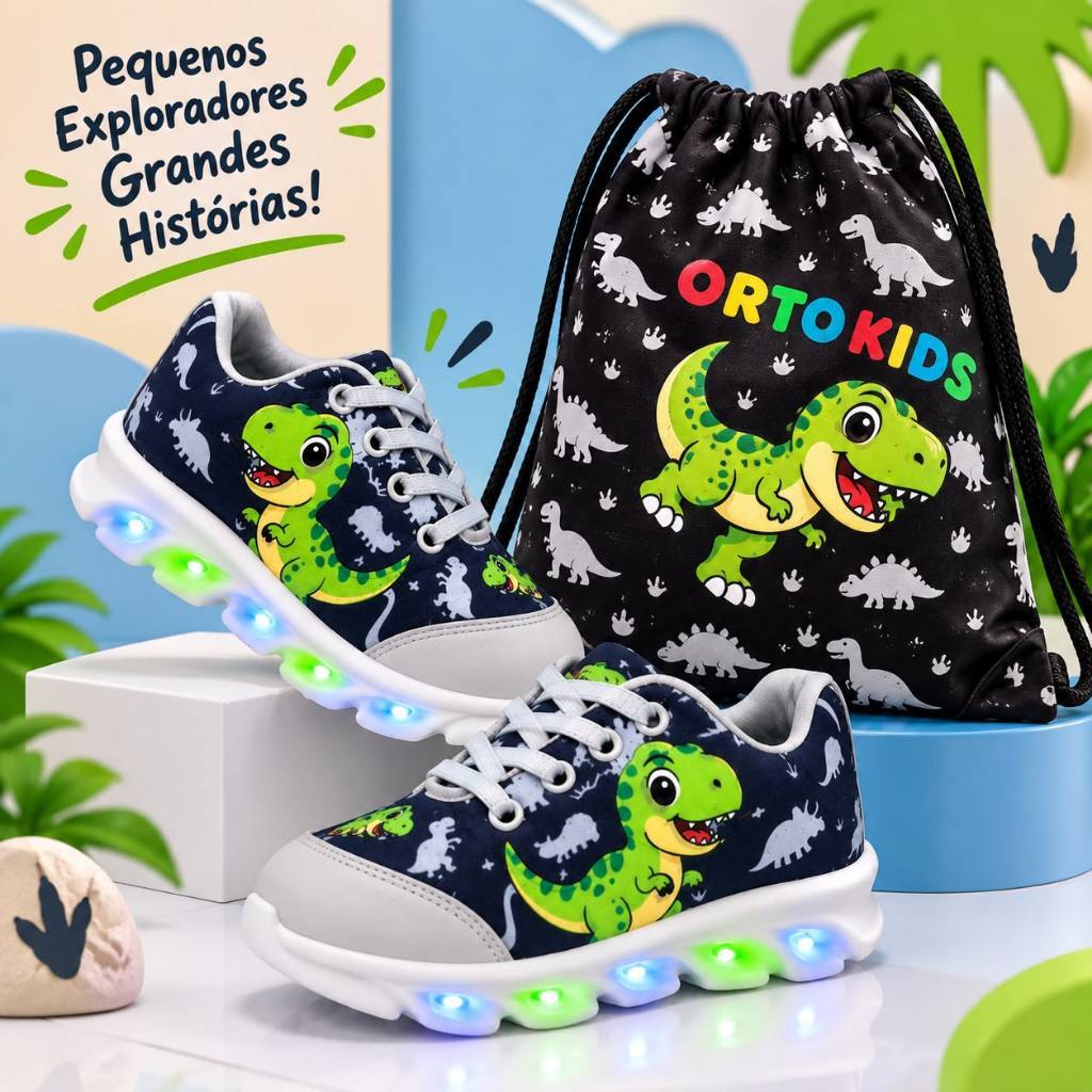 Tênis LED Baby Masculino Dino T-REX Tênis de Luzinha Infantil Menino Dinossauro VERDE PROMOCAO