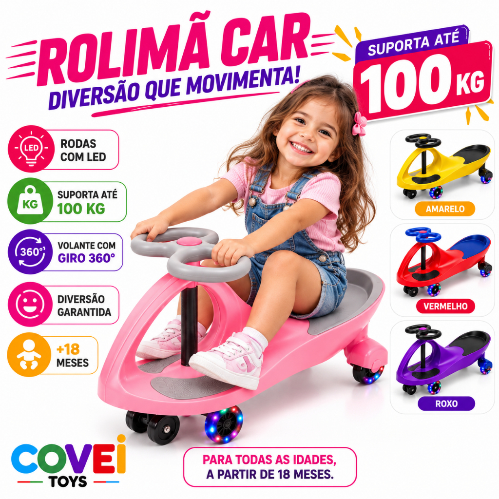 Carrinho Rolimã Gira 360° Drift Infantil Rodas Led Silenciosas Suporta Até 100kg Menino Menina