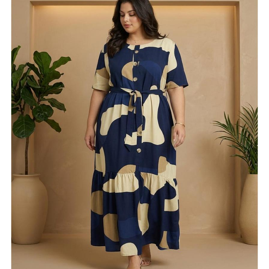 Vestido Plus Size Feminino em Viscolinho Estampado com Botões Frontais Manga Curta e Cinto Leve Premium G1 ao G4
