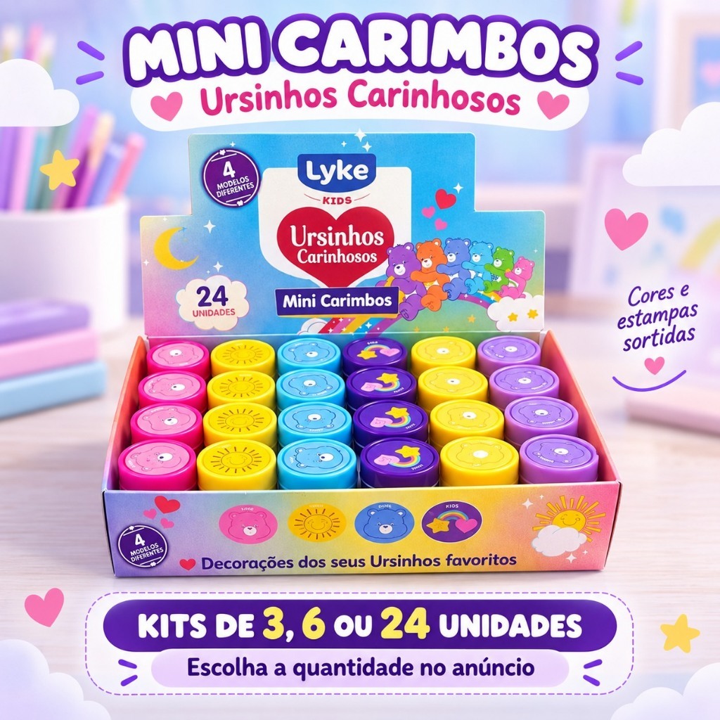 Mini Carimbos Ursinhos Carinhosos Lyke Kids Infantil Kit 3, 6 ou 24 Unidades
