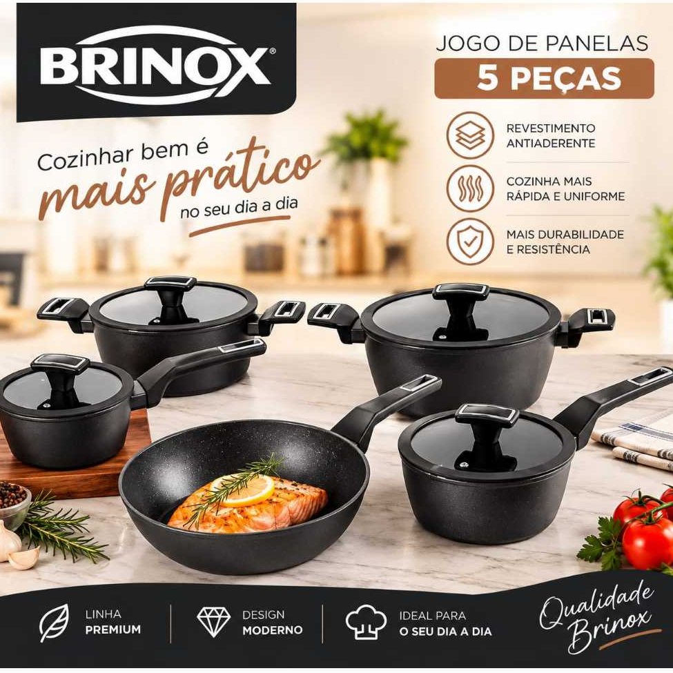 Jogo De Panelas Brinox Cerâmico 5 Pecas Carbon Ceramic Cor Preto para Todos os tipos de fogões - A Original