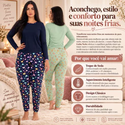 Pijama Feminino Sonho Manga Longa Suede Outono Inverno Linha Noite Estampas Variadas