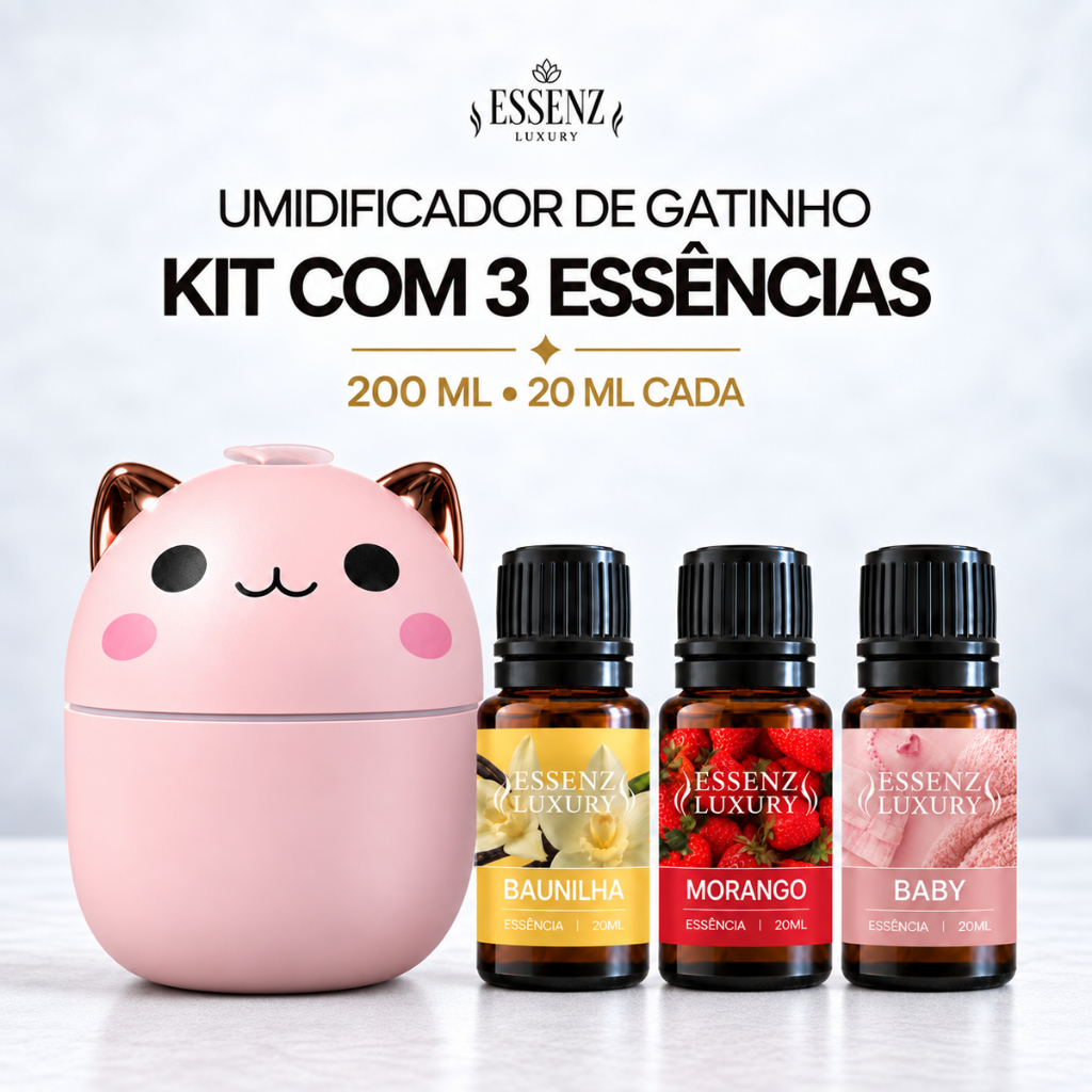 KIT 3 ESSÊNCIAS 20ML + UMIDIFICADOR DE GATINHO FOFO | NEVOA SILENCIOSA | AROMAS PARA CASA | PERFUME AMBIENTE