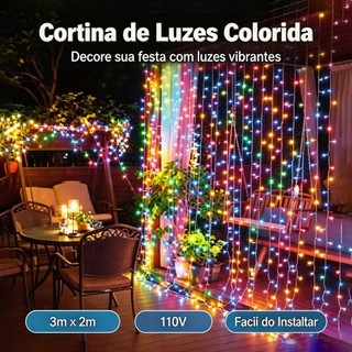 Cascata LED 3M*2M 110V Fio Branco 100 LEDs 8F Branco Frio/Quente Azul Colorido KL-548