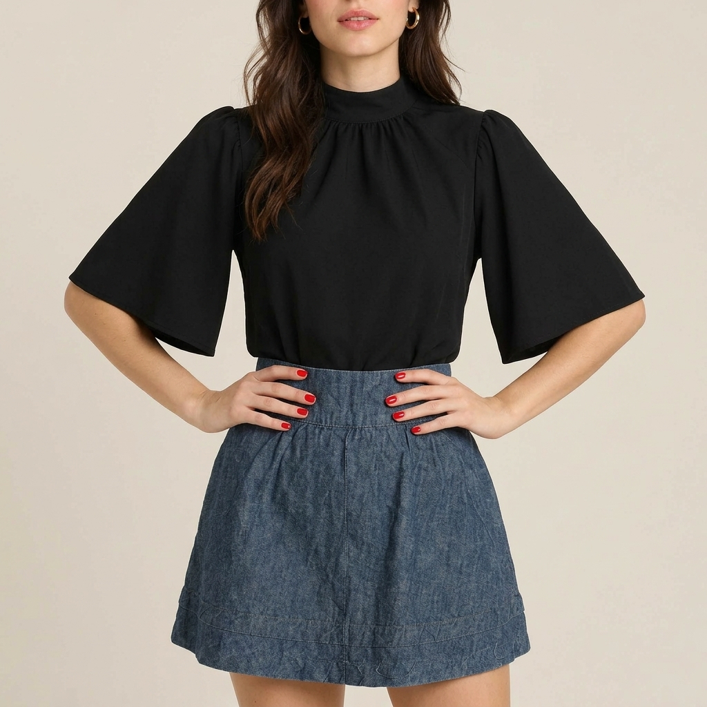 Saia Jeans Curta Feminina Evasê Rodada Jeans Azulada Cintura Alta Casual 100% Algodão
