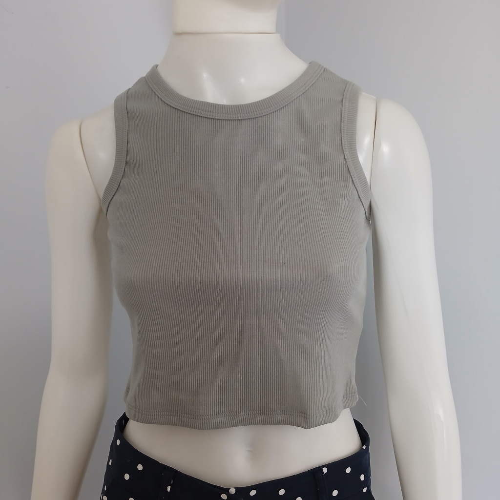Blusa Cropped Feminina Regata Canelada Cinza Claro Gola Redonda Tam M Nova