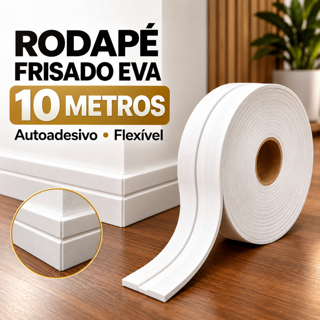 Rodapé EVA Branco Frisado 5cm x 5mm x 10 Metros Autoadesivo Flexível