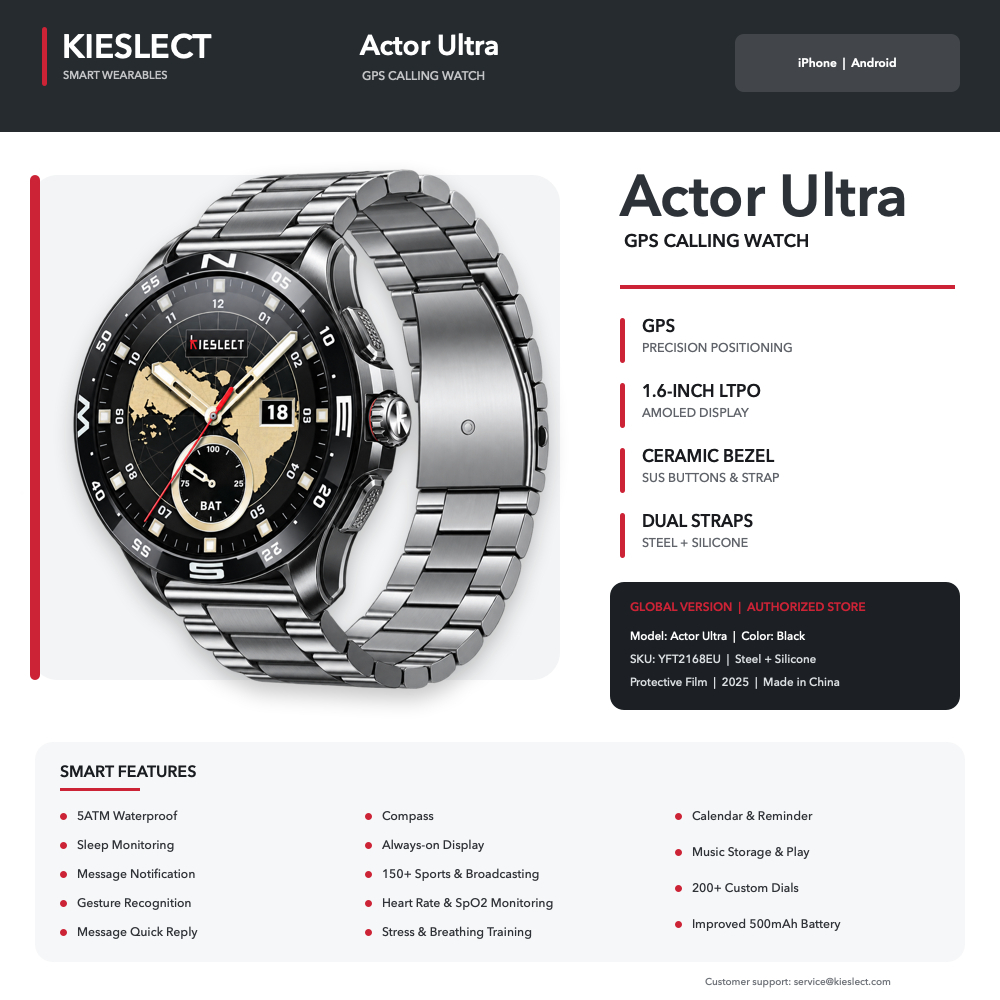Smartwatch Kieslect GPS Dual Band com Chamadas Bluetooth, Monitor Cardíaco, SpO2, Assistente de Voz e 2 Pulseiras