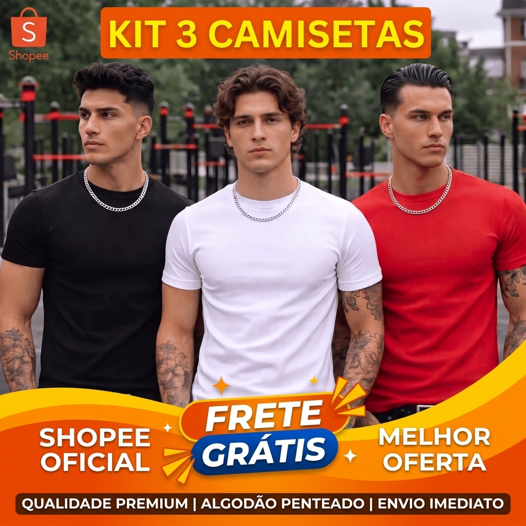 Kit 3 Camiseta Americana Masculina Canelada Slim Fit Básica Ribana Estilo Premium Academia Gringa Justa ao Corpo
