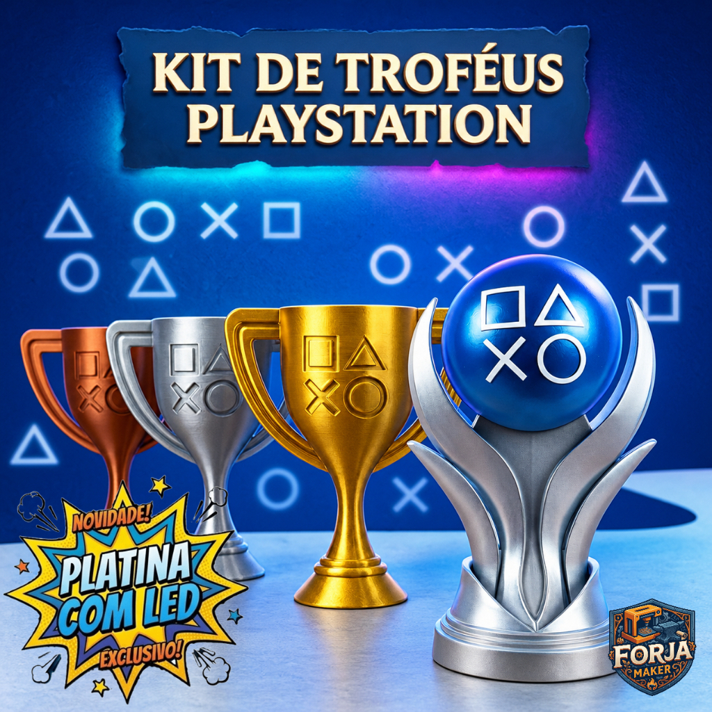 Troféus PlayStation PSN com Platina LED - Kit 4 Unidades Platina Ouro Prata Bronze | PS5 PS4