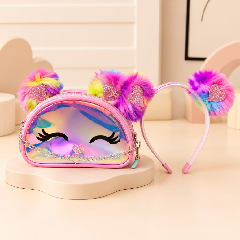 Kit Bolsa Holográfica e Tiara Infantil com PomPom