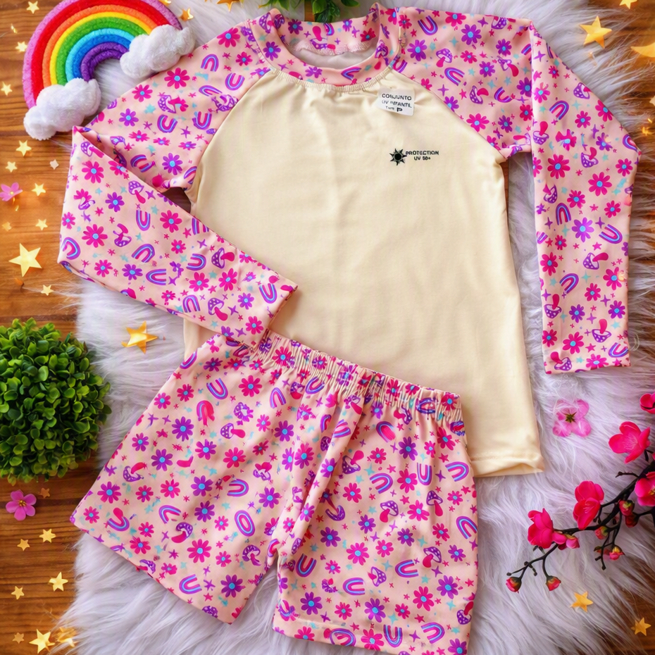 Conjunto Infantil Menina Proteção UV 50+ blusa Manga Longa e Short biquíni Praia Piscina