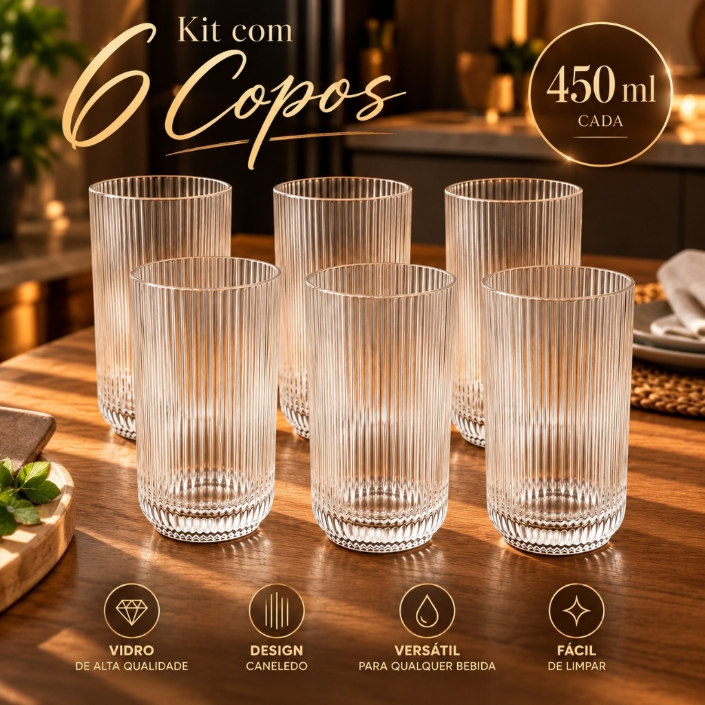 Jogo 6 Copos De Vidro Canelado 450 ML Resistente Para Água Suco E Drinks