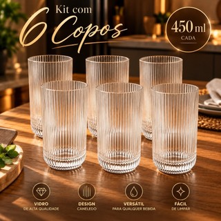 Jogo 6 Copos De Vidro Canelado 450 ML Resistente Para Água Suco E Drinks