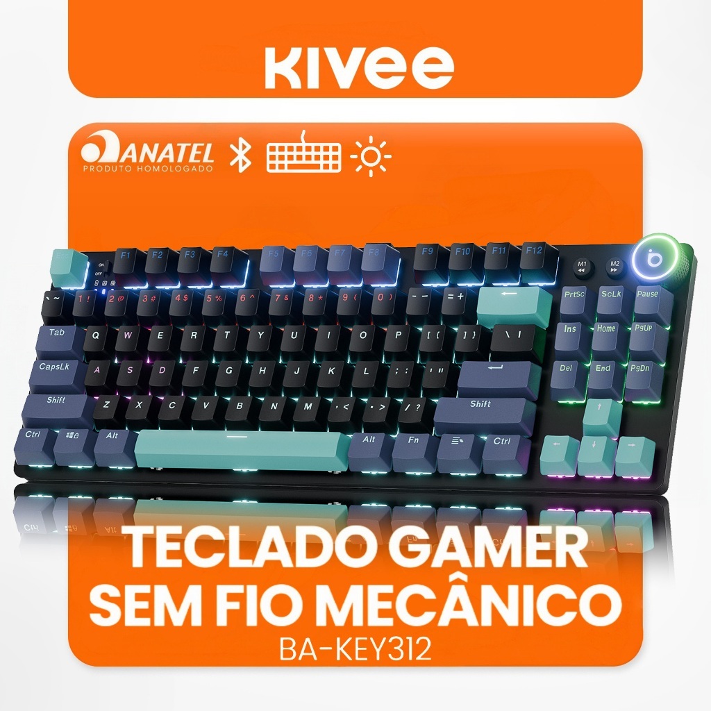 Kivee X Basike Teclado Mecânico Gamer Triplo Modo RGB Bluetooth 2.4G Fio Bateria 2000mAh Longa Duração KEY312