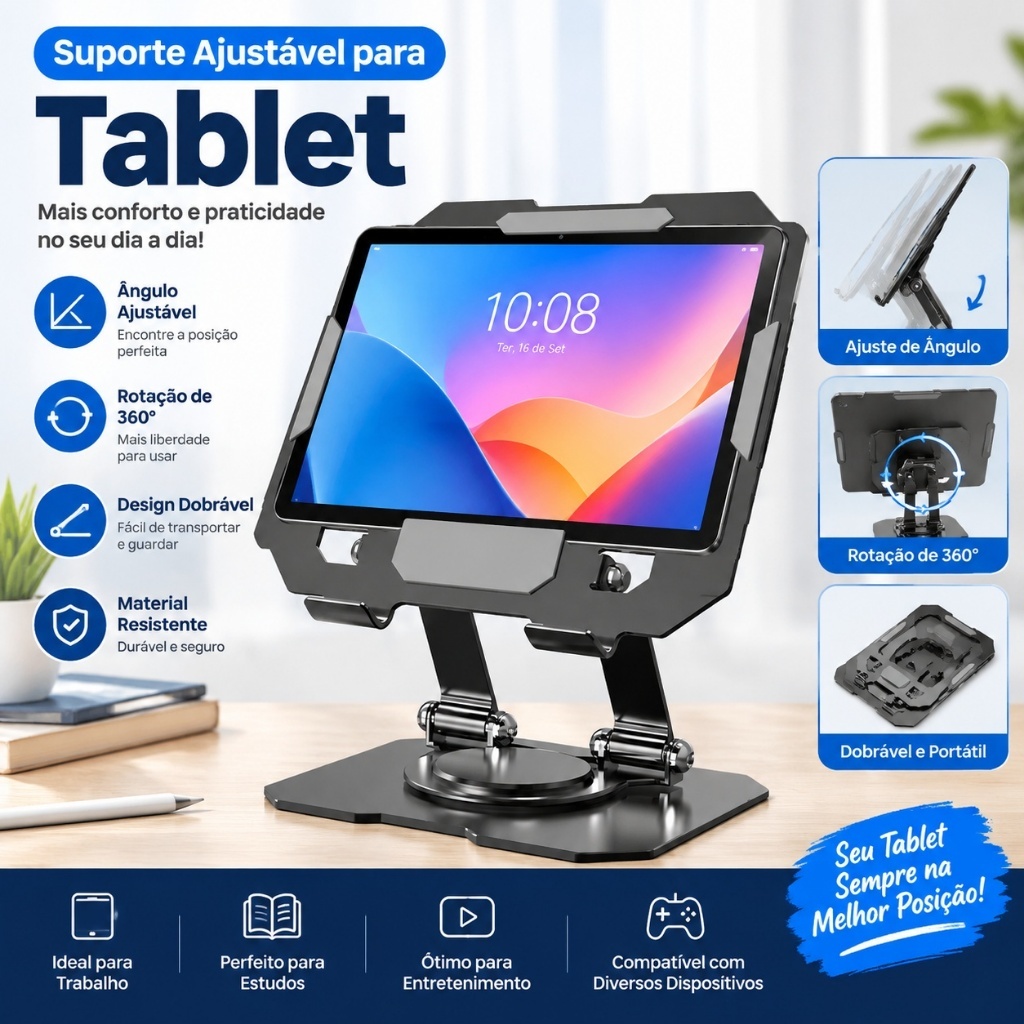 Suporte Para Tablet Celular 720° Rotativo Aço Carbono Dobrável Ajustável Base Grande Antiderrapante