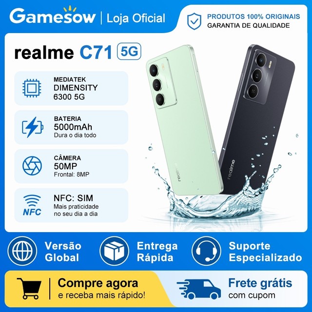 Realme C71 5G,, Versão global, Proteção IP4, Processador MediaTek Dimensity 6300, 128GB/6 GB RAM ou 256GB/8GB RAM