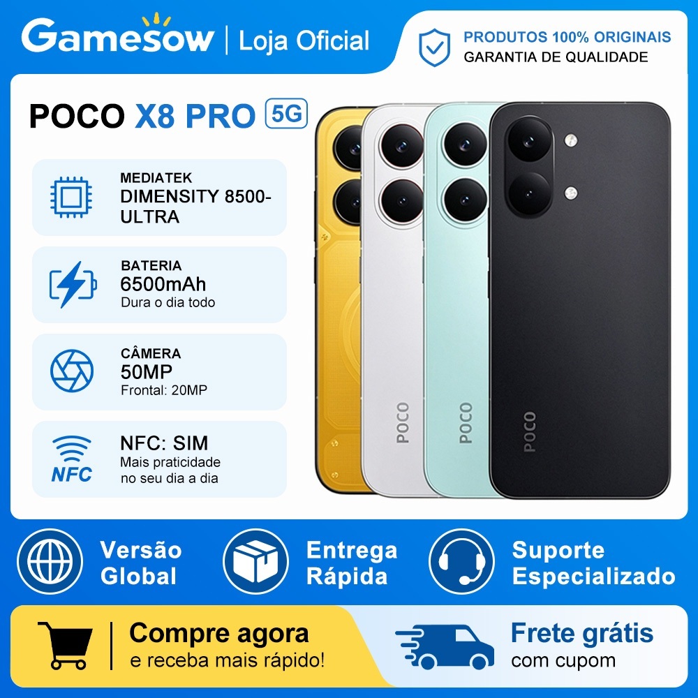 Xiaomi Poco X8 PRO 5G, Versão Global, MediaTek Dimensity 8500-Ultra, Bateria 6500mAh, Câmera 50MP