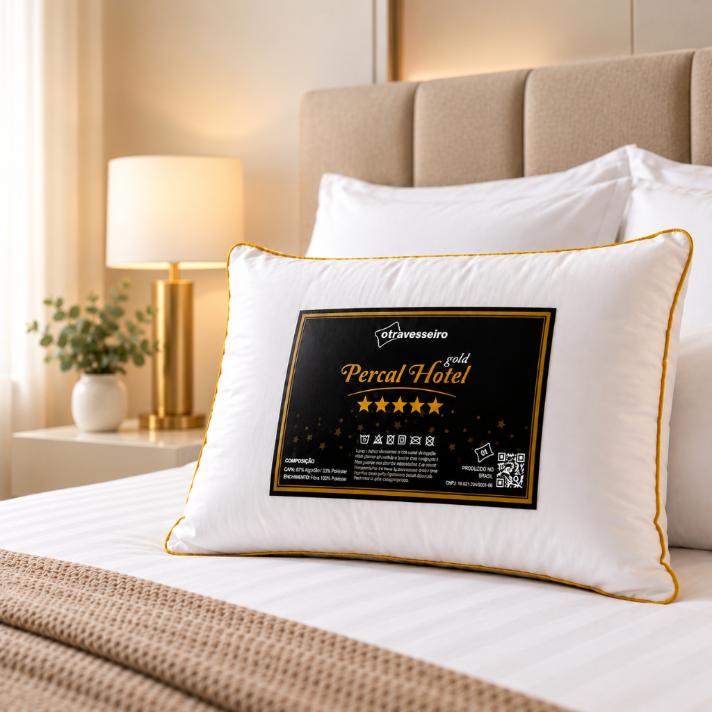 Travesseiro Luxo Percal Hotel Gold 100% Fibra Siliconada Toque macio Lavável Suporte Alto