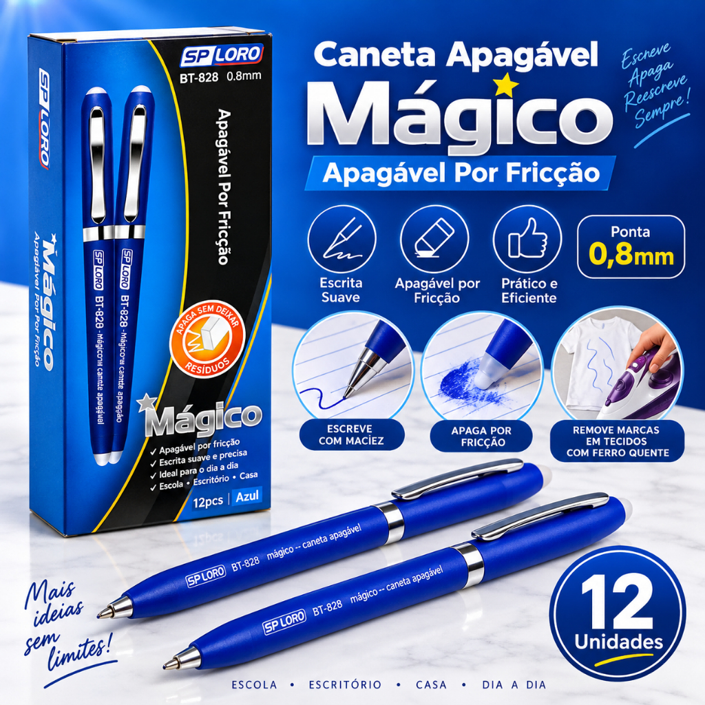 Kit Caneta Apagável Mágica 0,8mm SP LORO Azul/Preta Material Escolar Papelaria