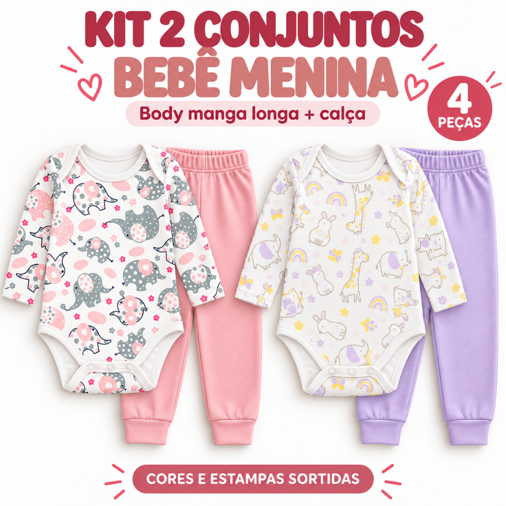 Kit 2 Conjuntos Bebê Menina Body Manga Comprida Estampado e Calça Lisa Cores Sortidas Roupa Infantil para Enxoval