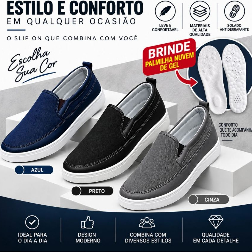 Sapatênis Iate Casual Tênis Slip on Calce Fácil Esporte Fino + Palmilha Nuvem Gel