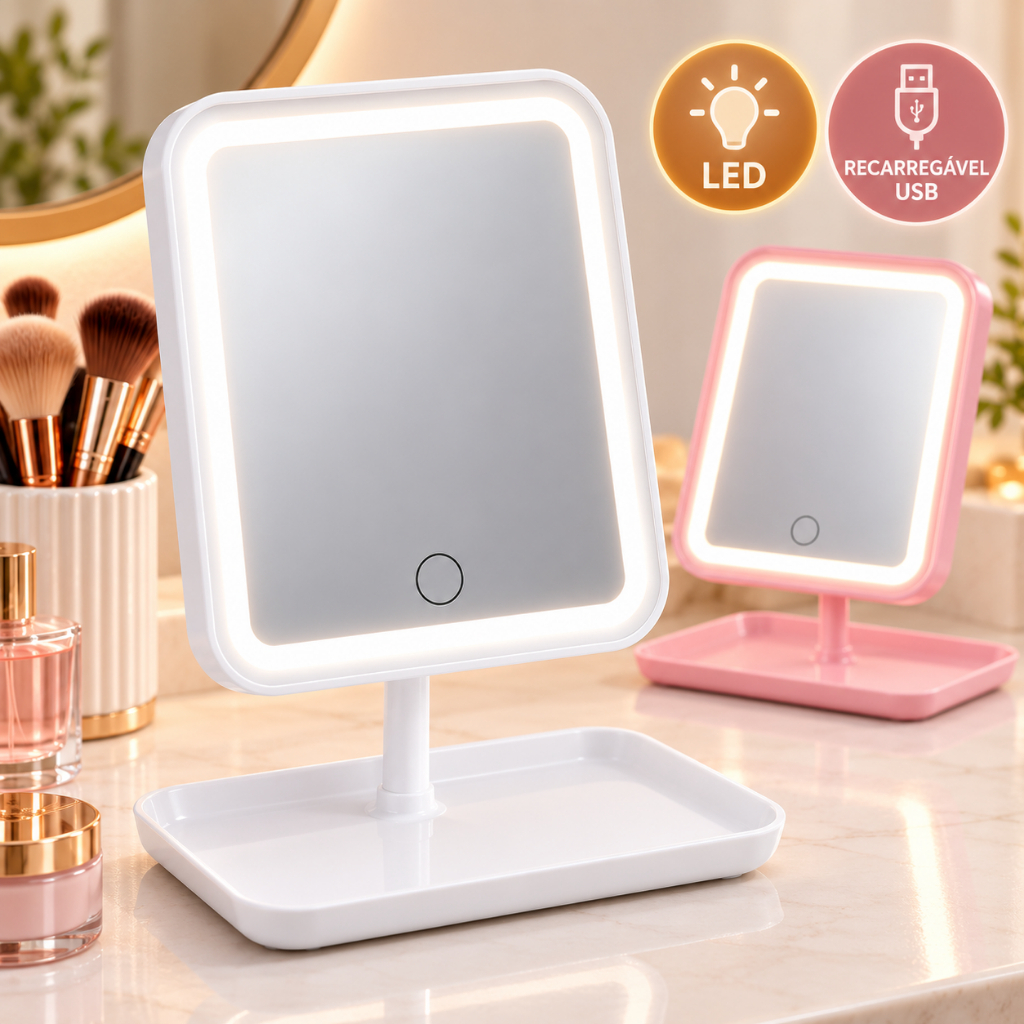 Espelho de Mesa Maquiagem LED Touch 3 Cores de Luz Recarregável USB Penteadeira com Bandeja Portátil