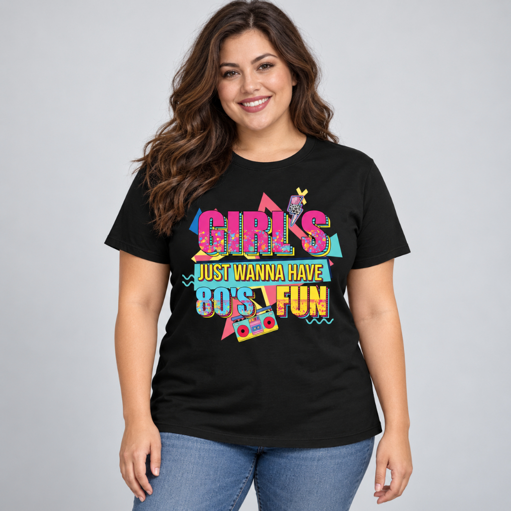 T-Shirt Feminina Vibe Anos 80 com Gráfico Nostálgico Camisa Retrô para Festa Temática