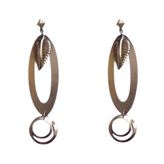 038 Bjb- Um Par de Brincos- Oval Folha- Metal Prateado- Maxi- Artesanal- Acessórios de Moda