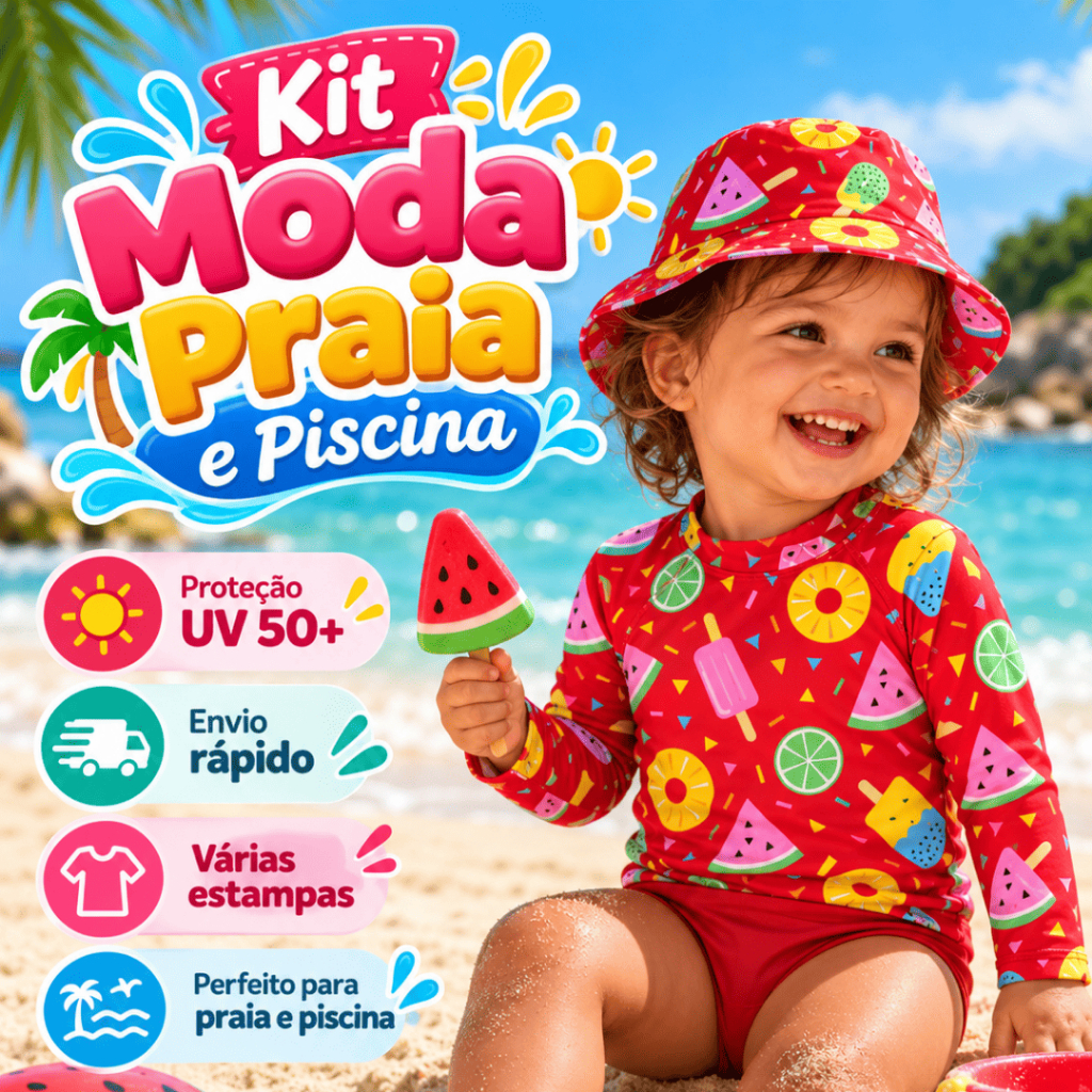 Kit 3 Peças Bebê Infantil Moda Praia Blusa Proteção Solar UV50+ Tapa fralda + Chapéu Menina