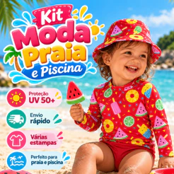 Kit 3 Peças Bebê Infantil Moda Praia Blusa Proteção Solar UV50+ Tapa fralda + Chapéu Menina