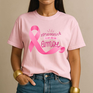 Camiseta Estampada Outubro Rosa Prevenção do Cancer Feminina T-Shirt Fita