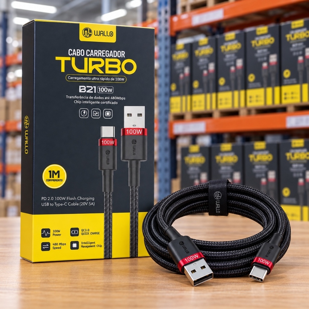 Cabo Carregador Turbo USB para Tipo-C 100W Wallo B21 Carga Rápida Celular e Tablet Android, IOS