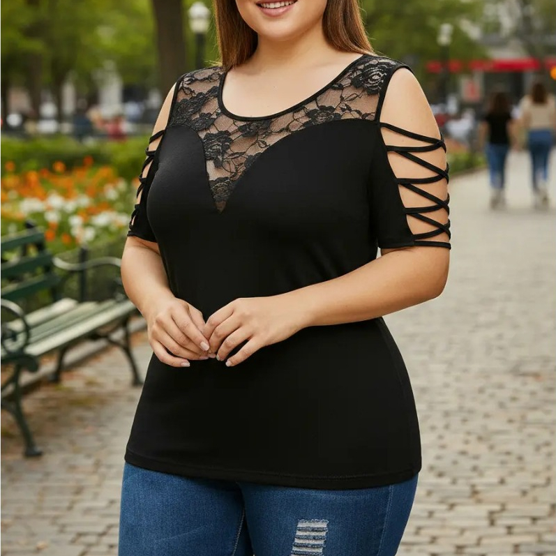 Blusa Feminina Tamanho Plus Size Preta De Malha Premium Com Detalhe em Renda Moda maior  Do G ao G2