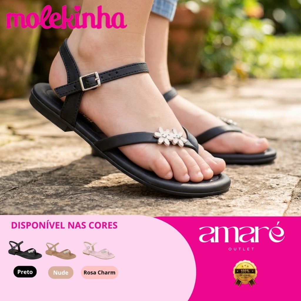 Sandália Molekinha Infantil Menina Confortável Brilho Casual Feminina Papete Strass Tiras Rasteira 2379105 Original