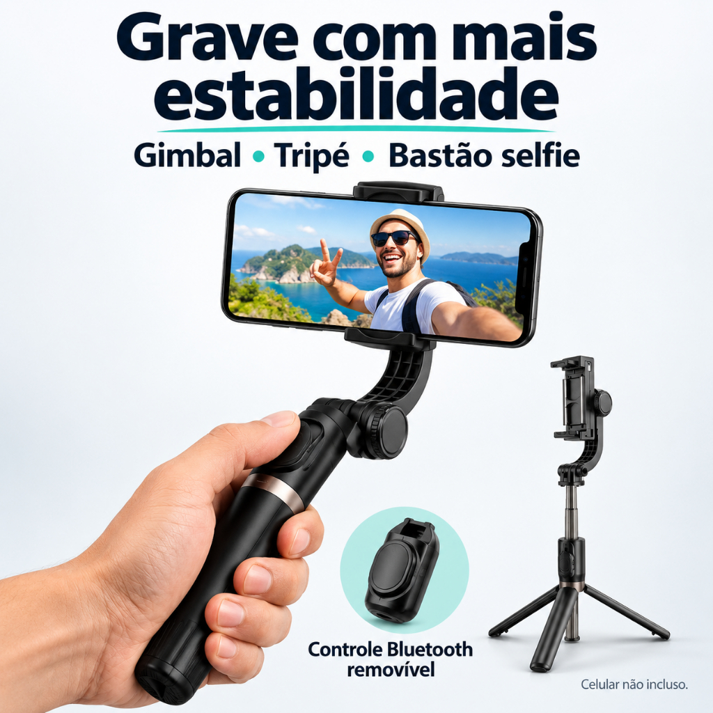 Estabilizador Gimbal para Celular 3 em 1 com Tripé Bastão Selfie e Controle Bluetooth