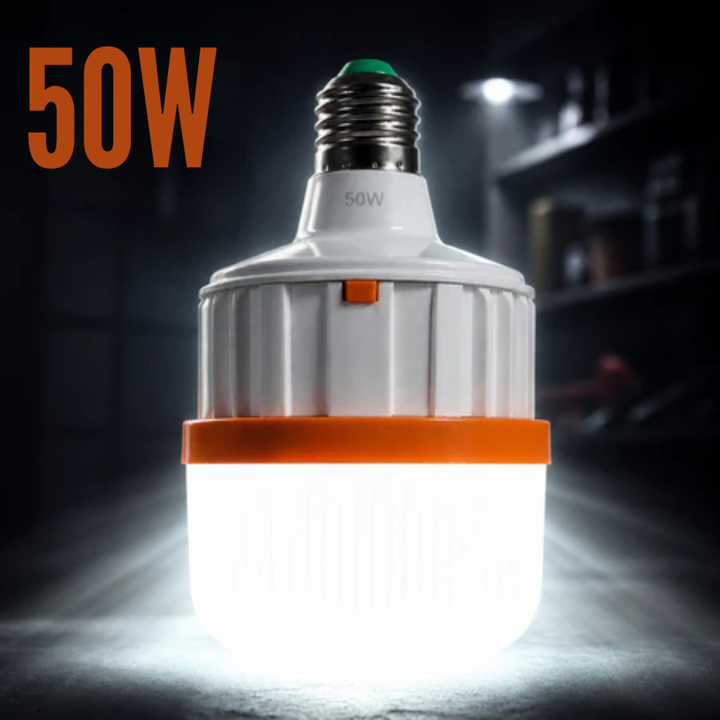 Lâmpada De Emergência 50w Led Recarregável Bivolt Soquete E27 Luz Branca Fria Casa Comércio Queda De Energia 1 Peça