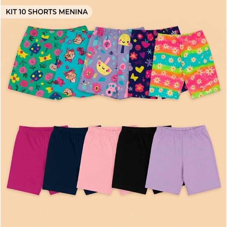 Kit 10 Shorts Infantil Menina Algodão Liso e Estampado Short Feminino Verão Roupa Criança Juvenil Atacado 1 ao 16