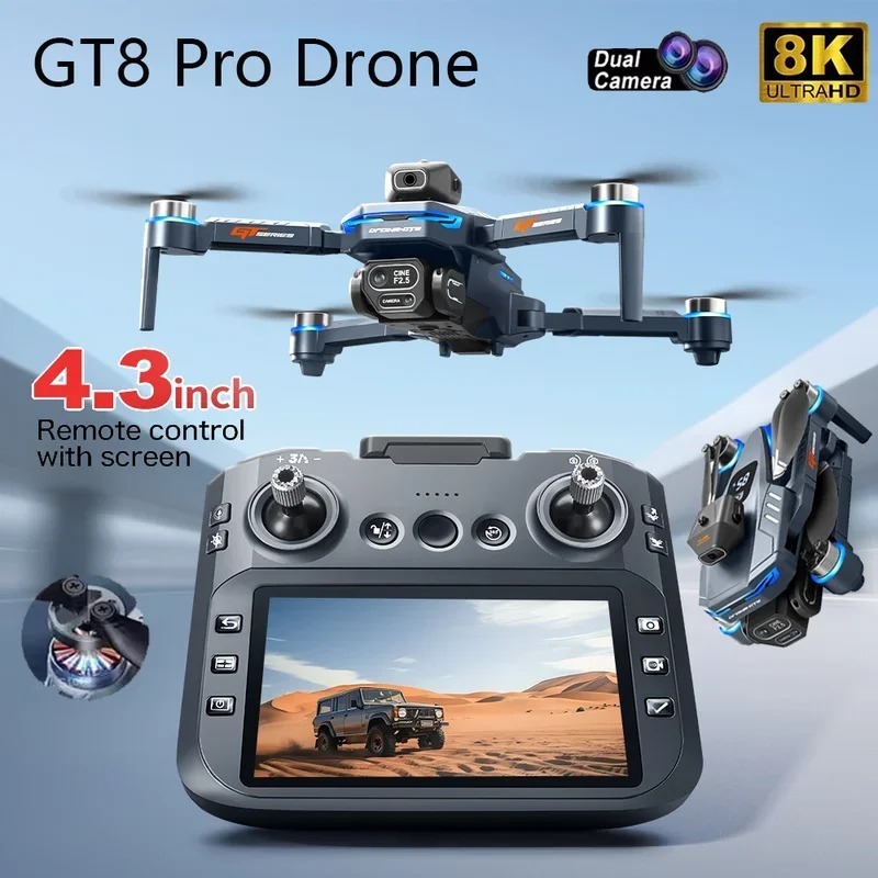Dron GT8 Pro com Câmera Dual 8K Ultra HD e Controle Remoto com Tela 4.3 Polegadas Doblável