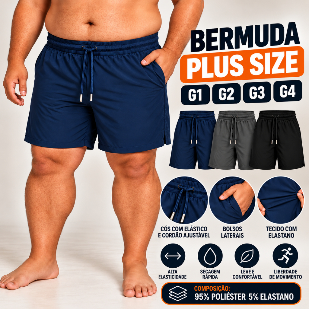 Short Bermuda Plus Size com Elastano Masculina G1 G2 G3 G4 Academia Treino Básico Tamanho Grande