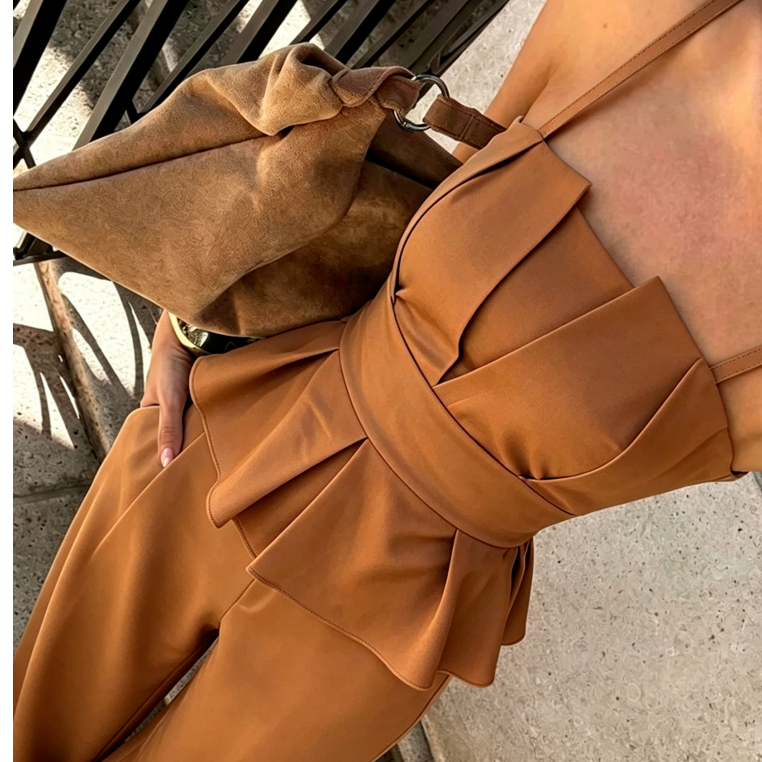 Conjunto Feminino Marrom 2 Peças, Top Alças Modelo Peplum + Calça Pantalona Alfaiataria