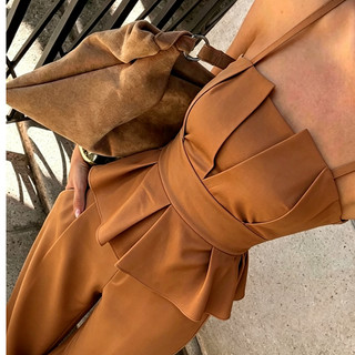 Conjunto Feminino Marrom 2 Peças, Top Alças Modelo Peplum + Calça Pantalona Alfaiataria