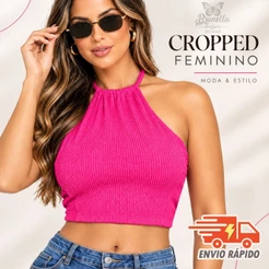 Cropped Feminino Canelado | Top Halter Ajustado, Moderno, Moda Casual Verão Anarruga