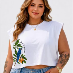 Cropped Plus Size Regata Estampado Tropical Oversized 100% Algodão Premium Delicado Envio Imediato