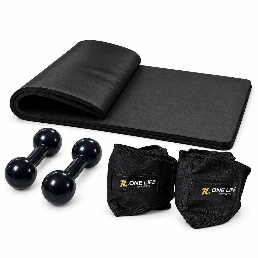 Kit Treino Aeróbico Em Casa - Par Caneleira 3 Kg + Colchonete + Par Halter Emborrachado 2Kg
