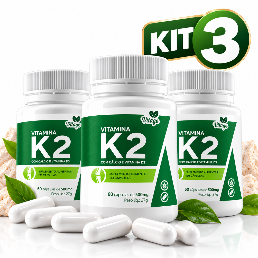 Kit 3x Vitamina K2 MK7 + Cálcio + D3 Vittage – 180 Cápsulas